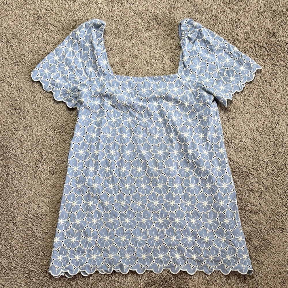 ZARA LIGHT BLUE FLORAL CUTWORK EMBROIDERY PRINT COTTON MINI DRESS - Picture 3 of 11